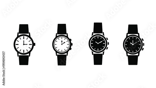 a row of four classic wristwatches displaying different times silhouette