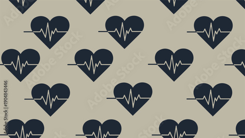 Seamless background pattern featuring dark blue heart shapes with white heartbeat monitor lines on a light beige colored surface.