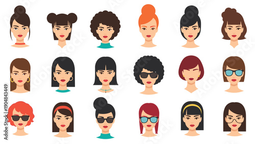 Diverse grid of female avatar characters featuring various hairstyles, skin tones, and accessories to represent global inclusion.
