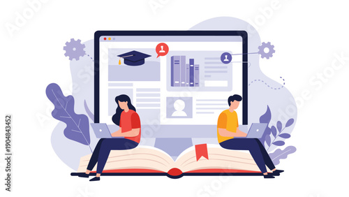 Students using laptops while sitting on a giant book in front of a digital screen for online learning and education.