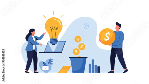 Business team developing innovative ideas with a lightbulb and investing capital for project growth and success.