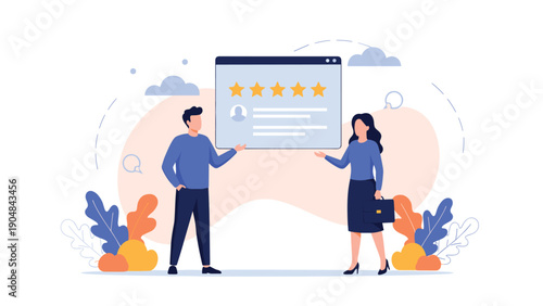 Happy man and woman presenting a large positive customer review with five yellow stars for business quality feedback.