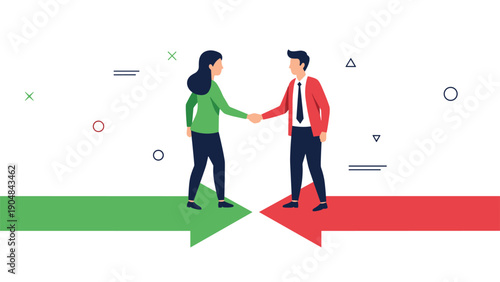 Professional man and woman shake hands between two large green and red arrows to symbolize a successful business agreement.