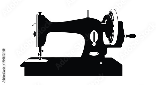 A striking black and white silhouette depicts a vintage sewing machine showcasing its classic mechanical design and form high quality