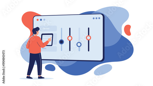 User adjusting control panel settings with sliders and abstract background elements illustrating interface design.