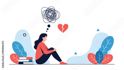 Depressed woman sitting alone with thoughts of grief and a broken heart symbol for emotional pain and mental health.