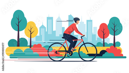 Person cycling fast through a stylized city park with vibrant autumn trees representing urban fitness and movement.