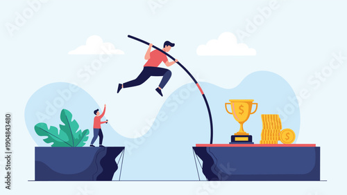 Determined man performing a pole vault over a wide gap toward a gold trophy and stacks of coins for achievement.