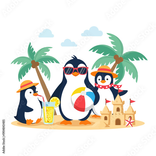 Three penguins on a tropical beach vacation with palm trees and a sandcastle