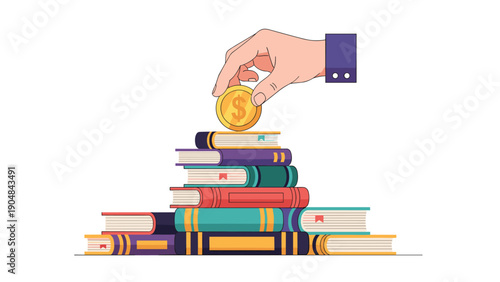 Human hand placing a gold dollar coin onto a stack of colorful textbooks representing the high cost of education.