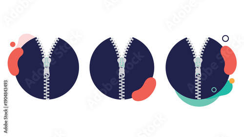 Group of three navy circles with metallic zippers opening to reveal abstract shapes representing hidden potential.
