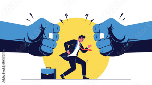Terrified businessman cowering between two giant blue fists representing intense work pressure and corporate conflict.