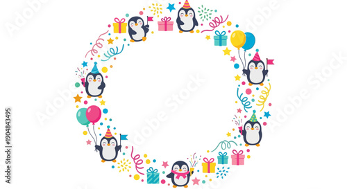 Penguins wear party hats in a colorful celebration with gifts and balloons.