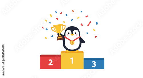 A cartoon penguin celebrates victory on a podium with a trophy and medal.