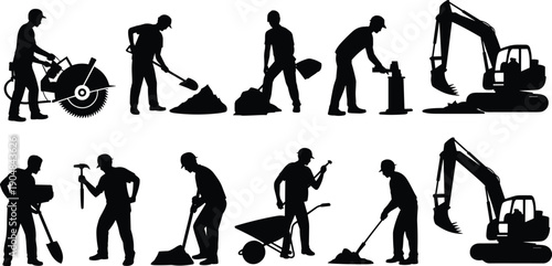 Construction workers silhouettes performing excavation roadwork digging and concrete tasks, heavy equipment excavator labor team vector illustration set industrial infrastructure operations collection
