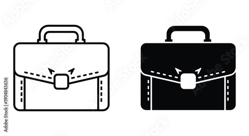 Simple black and white briefcase icon set with handle and lock on white background