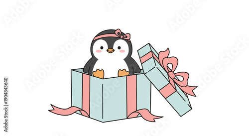 A cartoon penguin wearing a pink headband sits in a light blue gift box with pink ribbons.