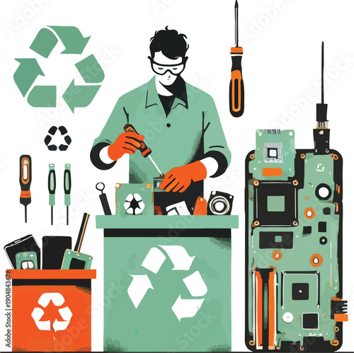 Technician recycling electronic waste with tools Keywords: electronics recycling, e-waste