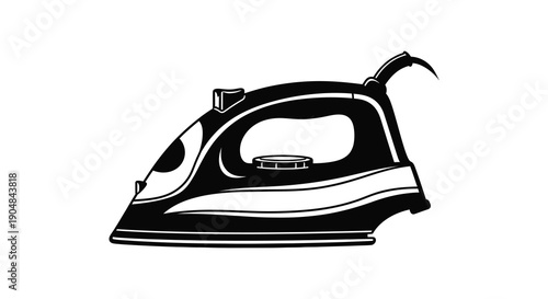 A striking black and white illustration depicts a classic steam iron highlighting its sleek design and functionality