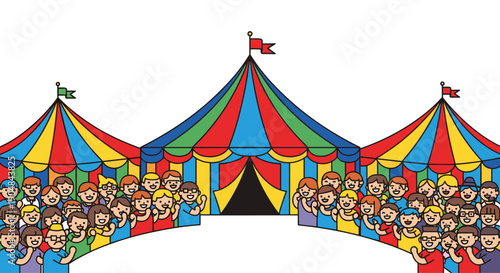 Joyful crowds of diverse people eagerly gathering outside vibrant, colorful circus tents, anticipating a spectacular