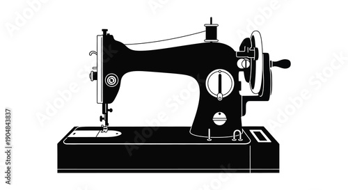 A vintage black and white illustration depicts a classic sewing machine showcasing its mechanical components and design high quality professional