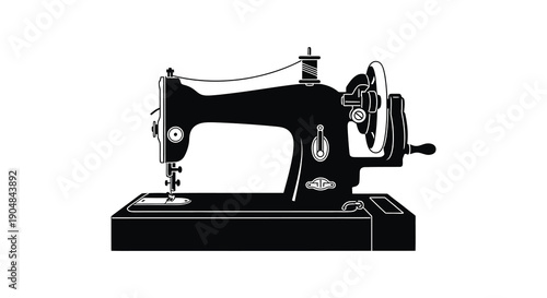 A stark black silhouette depicts a vintage sewing machine highlighting its classic form and mechanical functionality high quality