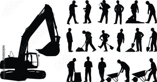 Excavator and construction workers silhouettes collection, laborers digging soil, carrying tools, pushing wheelbarrow, heavy equipment operation, building site vector illustration