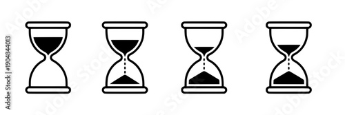Hourglasses set with different sand levels and simple black outlines on white background icons featuring hourglass, time, clock with timer and countdown elements for icon, outline projects, clean