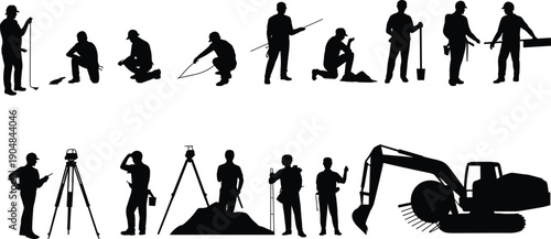 Land surveying workers silhouette set with total station engineers, excavator construction site measurement equipment, field survey industry engineering vector illustration collection design