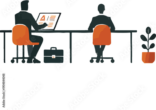 Two businessmen working at desks with laptops and briefcases