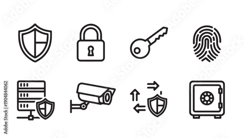 Security Icons Set: Shield, Lock, Key, Fingerprint, Server, Camera, Safe