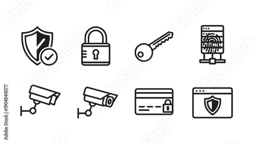 Security Icons: Shield, Lock, Key, Fingerprint, Camera, Credit Card, Web Protection