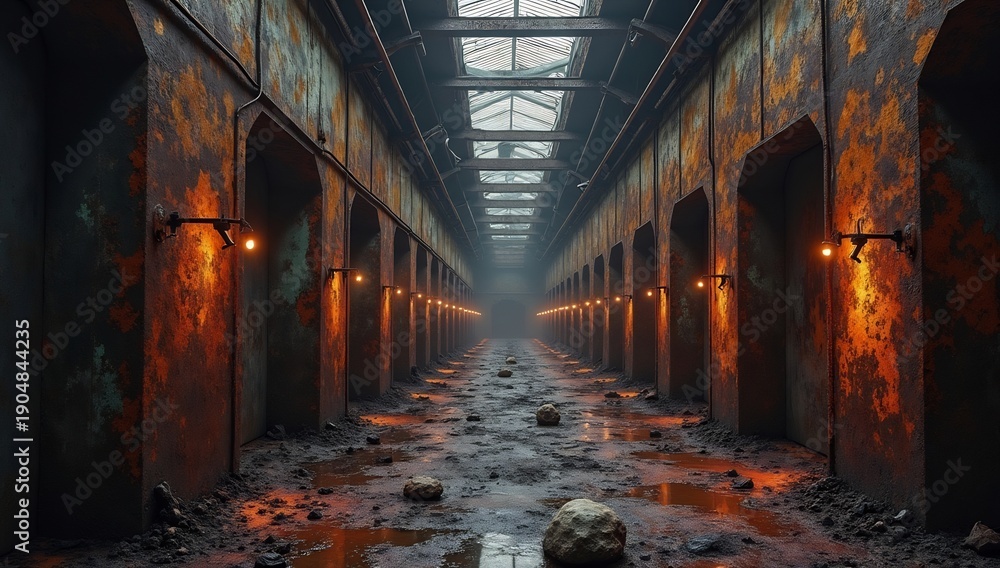 Fototapeta premium Dark and Mysterious Tunnel with Arches and Dim Lighting Long Perspective.