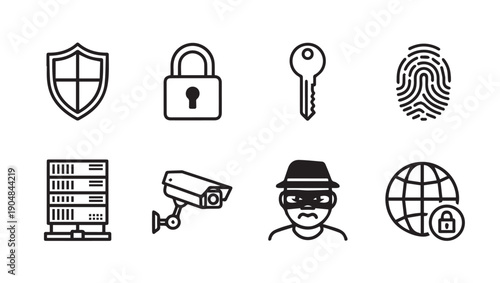 Security Icons: Shield, Lock, Key, Fingerprint, Server, Camera, Burglar, Globe with Lock
