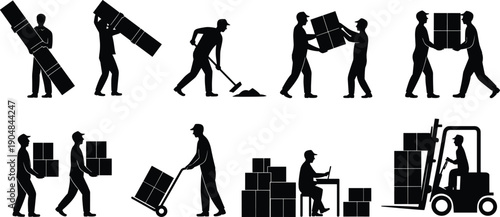 Warehouse worker silhouettes handling boxes and materials, manual labor activities, logistics loading unloading, distribution center workflow, industrial shipping storage supply chain vector 