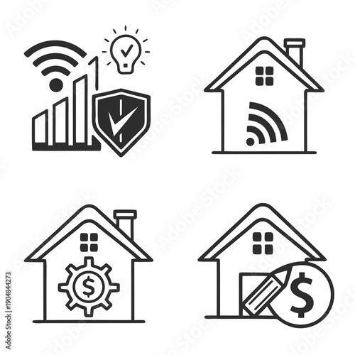Icons representing smart home security and economy Vector