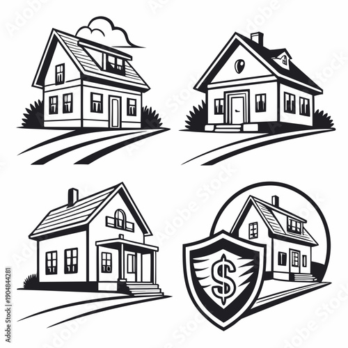 A set of four different house illustrations with a shield and dollar sign Vector