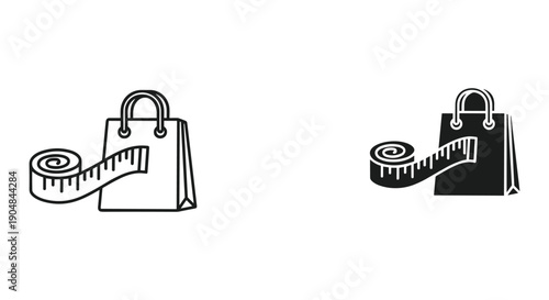 Flat lay shopping bag with measuring tape weight loss diet concept minimalist black white illustration