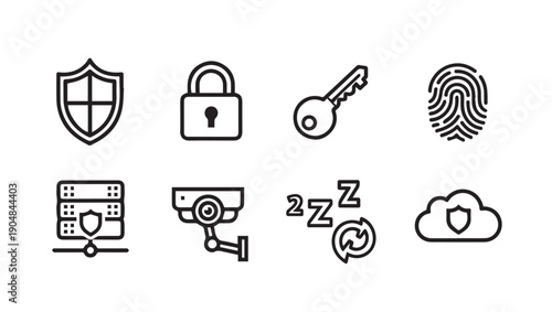 Security Icons: Shield, Lock, Key, Fingerprint, Server, Camera, Sleep, Cloud