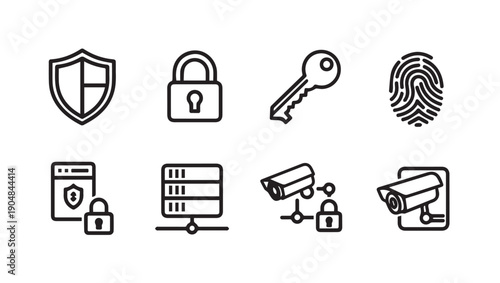 Security Icons: Shield, Lock, Key, Fingerprint, Server, CCTV, Network Security Icons