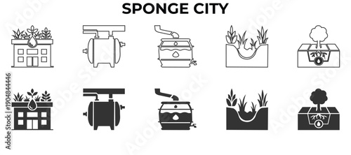 Sponge City and Urban Water Management Icon Set. Sustainable Drainage, Green Roof, Rainwater Harvesting, and Eco Infrastructure Vector Symbols