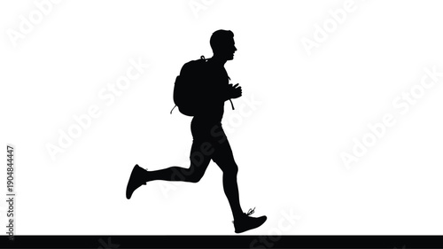 a man with a backpack running in a dynamic pose silhouette
