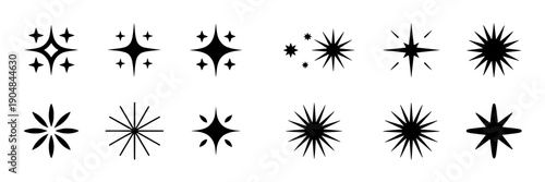 Star shapes set with various designs and black lines on white background, vector graphics featuring starbursts, illustration, graphic resources with decorative elements and design assets elements,