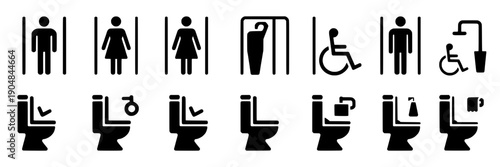 Toilet signs set with various accessibility icons and symbols for public restrooms featuring handicap accessible, simple graphics, signage, clean composition on simple background