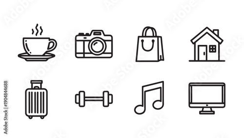 Set of 8 simple line icons: coffee, camera, bag, house, luggage, dumbbell, music note, computer
