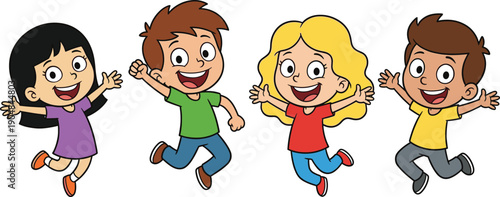 Happy cartoon kids jumping together, cheerful children group illustration, playful friendship concept with smiling boys and girls, colorful flat vector characters isolated on white background