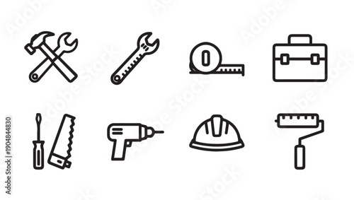 Set of construction and DIY tools icons, simple line art, isolated on white background