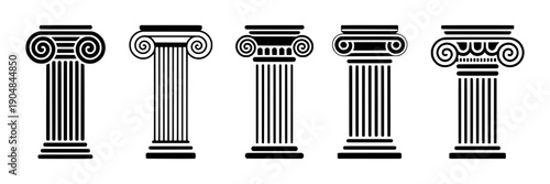 Columns ancient Greek set with scroll capitals and fluted shafts featuring black and white, vector, illustration with classical architecture and historical elements for monuments, buildings projects,