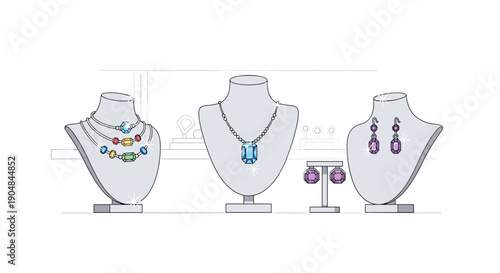 Colorful gemstone necklaces and elegant earrings displayed on white mannequins in a modern jewelry store setting.