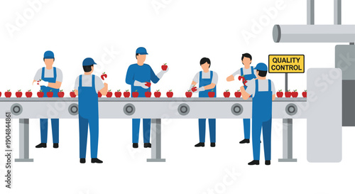 Factory workers performing precise quality control, meticulously inspecting and sorting red apples on an automated